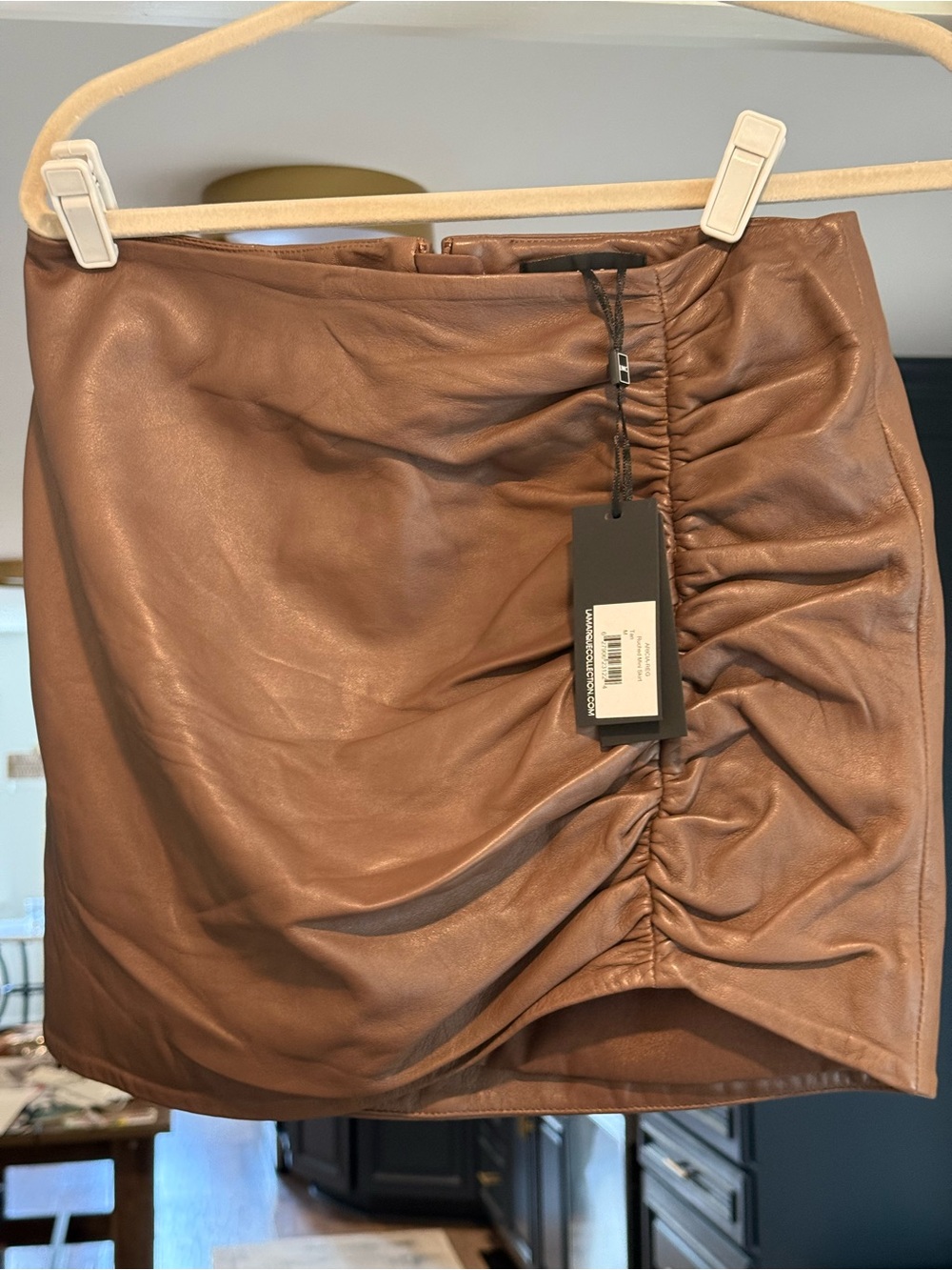 Lamarque Brown Ruched Faux Leather Mini Skirt